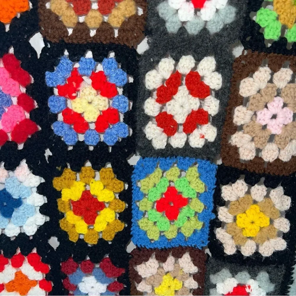 Vintage Afgani Crochet Grandma Square Blanket Throw Quilt Multicolor Handmade
